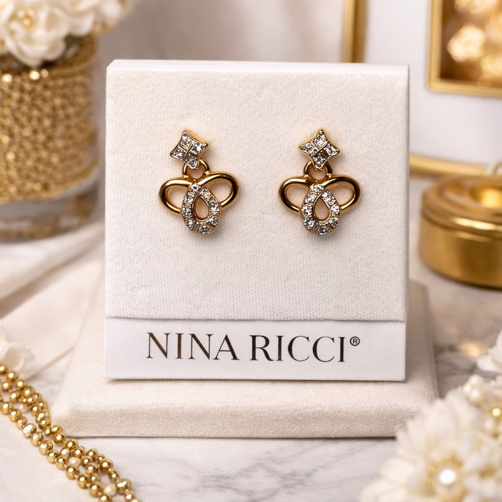 Nina Ricci 22k Gold-plated Pierced Earrings Swarovski Crystals New Designer Lux